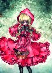  blonde_hair green_eyes grimm's_fairy_tales hair_ribbon hood little_red_riding_hood little_red_riding_hood_(grimm) miri ribbon short_hair thigh-highs thighhighs wine 