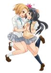  akiyama_mio bad_id black_hair blue_eyes brown_eyes brown_hair caress hairband hand_holding holding_hands k-on! long_hair multiple_girls school_uniform short_hair tainaka_ritsu tomboy udajo wink 