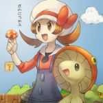  1girl alternate_color bad_id breloom brown_eyes brown_hair cabbie_hat cloud clouds hat hat_ribbon irima_(doron) kotone_(pokemon) lowres super_mario_bros. mushroom nintendo overalls parody pokemon pokemon_(creature) pokemon_(game) pokemon_gsc pokemon_heartgold_and_soulsilver red_ribbon ribbon seedot short_twintails super_mario_bros. translated treecko twintails 
