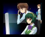  akizuki_ritsuko braid brown_hair cellphone computer green_hair hagiwara_yukiho hairband headset idolmaster otonashi_kotori phone short_hair 