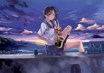  kno1 legs ocean original saxophone school_uniform serafuku sky sunrise sunset 
