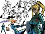  blonde_hair bodysuit breasts gun hair_down looking_back metroid morph_ball nintendo ponytail samus_aran varia_suit weapon zero_suit 