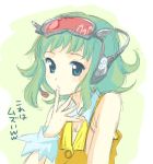  goggles green_eyes green_hair gumi solo translated translation_request vocaloid wrist_cuffs 