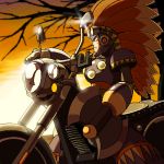  headdress lowres motor_vehicle motorcycle oekaki rockman rockman_(classic) rockman_(original) sepia tomahawkman vehicle weapon 