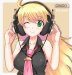  blonde_hair grado_labs headphones hidebou hoshii_miki idolmaster long_hair necktie solo wink 