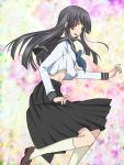  bad_id black_ahir black_hair blush kneehighs long_hair midriff mitsuko natsu_no_arashi natsu_no_arashi! red_eyes ribbon school_uniform serafuku skirt socks solo 