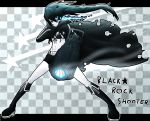  belt bikini_top black_hair black_rock_shooter black_rock_shooter_(character) blue_eyes boots cape flat_chest gloves glowing glowing_eyes highres konoe_(artist) konoe_(roaroaroa) long_hair midriff navel scar shorts sword twintails weapon 