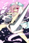  dual_wield dual_wielding ghost hamasan hat highres katana petals pink_eyes pink_hair saigyouji_yuyuko sarashi short_hair sword touhou weapon 