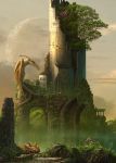  cloud clouds creature dragon fantasy grass highres moon original ruins scenery sky tree ucchiey wings 