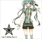  album_cover aqua_eyes aqua_hair buzz cover frills hair_ribbon hatsune_miku like_a_rolling_star_(vocaloid) long_hair necktie ribbon shorts smile solo suspenders thigh-highs thighhighs twintails vocaloid 