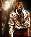  bccp blonde_hair facial_hair highres king_of_fighters male manly mustache open_clothes open_shirt rugal_bernstein shirt snk solo 
