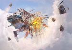  arsenixc battle cloud clouds explosion fire flying gun kin-dza-dza no_humans original propeller ship sky weapon 