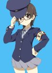  blazer brown_hair glasses hat k-on! manabe_nodoka miniskirt peaked_cap red-framed_glasses school_uniform semi-rimless_glasses short_hair skirt solo tooya touya_(the-moon) under-rim_glasses 