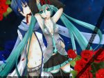  aqua_eyes aqua_hair armpits arms_up blue_eyes blue_hair bound_hands bound_wrists breasts cleavage detached_sleeves flower hatsune_miku kaito long_hair necktie open_clothes open_shirt panties pantyshot petals rose scarf shirt skirt thigh-highs thighhighs twintails underwear vocaloid 