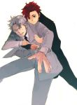  baccano bad_id claire_stanfield formal grey_eyes hug hug_from_behind jacket ladd_russo male necktie rawjelly red_hair redhead short_hair silver_hair suit 
