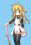  blonde_hair blush green_eyes long_hair mahou_shoujo_lyrical_nanoha side_ponytail simple_background snow-covered solo staff thigh-highs thighhighs torn_clothes 