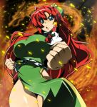  blue_eyes braid breasts china_dress chinadress chinese_clothes cleavage clenched_hands erect_nipples ex-meiling fighting_stance fist hat hong_meiling impossible_clothes impossible_shirt large_breasts long_hair pose red_hair redhead ribbon shirt side_slit thighs toudori touhou twin_braids 
