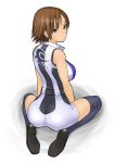  back brown_eyes brown_hair crouching from_behind hawk_(artist) kazama_asuka kneehighs kneeling lips loafers looking_back namco pout pouty_lips shoes short_hair socks tekken tekken_5_(dark_resurrection) thighhighs 