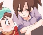  1boy 1girl age_difference breasts brown_eyes brown_hair capcom family goggles hoshikawa_akane hoshikawa_subaru hoshikawa_subaru_(rockman) incest lowres mother_and_son oekaki rockman ryuusei_no_rockman shirt smile worried 