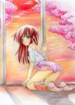  brown_hair cherry_blossoms kneeling leg_warmers leotard long_hair nagano_shinya original sunset traditional_media 