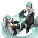  aqua_hair detached_sleeves genderswap hand_on_headphones hatsune_miku hatsune_mikuo headphones headset long_hair necktie open_mouth pants shell_(pixiv) skirt thigh-highs thighhighs twintails vocaloid zettai_ryouiki 