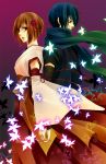  back-to-back back_to_back brown_eyes brown_hair couple flower hair_ribbon hand_holding holding_hands japanese_clothes kaito meiko ribbon scarf short_hair tsugai_kogarashi_(vocaloid) vocaloid 