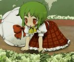  all_fours ascot bad_id child flower flower_bed green_hair kazami_yuuka oto parasol plaid plaid_skirt plaid_vest red_eyes short_hair skirt skirt_set touhou umbrella young 