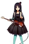  1girl bad_id bangs bass_guitar black_hair blue_eyes blunt_bangs don&#039;t_say_&quot;lazy&quot; don&#039;t_say_lazy dress elbow_gloves electric_guitar face_paint facepaint fingerless_gloves gloves guitar hat highres hime_cut instrument k-on! kuroi_hitsuji long_hair looking_at_viewer mini_top_hat open_mouth pantyhose smile solo striped striped_gloves top_hat 