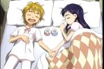  bed blanket blue_hair cellphone futari_wa_pretty_cure hand_holding lying misumi_nagisa pajamas short_hair sleeping yukishiro_honoka 