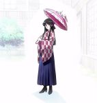  bangs black_hair blunt_bangs cap highres hime_cut japanese_clothes kimono long_hair natsu_no_arashi natsu_no_arashi! red_eyes screencap solo stitched umbrella yagasuri 