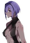  1girl asakawa_(outeq) assassin_(fate/prototype_fragments) bangs bare_shoulders blush breasts center_opening collarbone dark_skin eyebrows eyebrows_visible_through_hair fate/grand_order fate/prototype fate/prototype:_fragments_of_blue_and_silver fate_(series) hair_between_eyes hairband leotard looking_at_viewer purple_hair short_hair sidelocks simple_background sleeveless solo upper_body violet_eyes white_background 