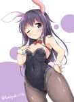  1girl :&gt; akatsuki_(kantai_collection) animal_ears bare_shoulders bow bowtie breasts bunny_girl bunny_tail bunnysuit closed_mouth covered_navel detached_collar doyagao hand_on_hip hand_on_own_chest kantai_collection kemonomimi_mode long_hair looking_at_viewer one_eye_closed purple_hair rabbit_ears red_bow small_breasts smile solo standing tail takoyaki_(takoyaki-batake) twitter_username violet_eyes wrist_cuffs 