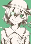  1girl bangs bow collar crazy_smile female frilled_collar frills glowing glowing_eye green green_background green_eyes hair_between_eyes hat hat_bow head_tilt heart heart_of_string komeiji_koishi long_sleeves looking_at_viewer monochrome short_hair simple_background solo spot_color third_eye touhou upper_body yume_(i_think.) 