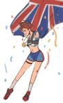  1girl alternate_costume bjmaki blush brown_eyes brown_hair crop_top ear_piercing flag harness highres kneehighs medal navel open_mouth overwatch piercing shoes short_hair shorts solo sprinter_tracer thigh_strap tracer_(overwatch) union_jack white_legwear 