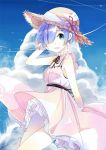  1girl :d arm_behind_back bare_arms blue_eyes blue_hair clouds cowboy_shot dress frilled_dress frills hair_ornament hair_over_one_eye hat hat_ribbon layered_dress looking_at_viewer open_mouth outdoors pink_dress pink_ribbon re:zero_kara_hajimeru_isekai_seikatsu rem_(re:zero) ribbon ricemo shiny shiny_hair short_hair sky sleeveless sleeveless_dress smile solo sun_hat sundress tareme x_hair_ornament 