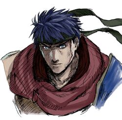  1boy blue_eyes blue_hair ears fire_emblem fire_emblem:_akatsuki_no_megami fire_emblem:_souen_no_kiseki hachimaki headband ike kinnotama_(erokosei) lips male_focus manly red_scarf scarf serious short_hair shoulder_pads spiky_hair 