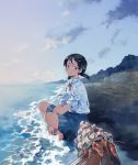  1girl ahoge barefoot beach between_legs black_eyes black_hair clouds crab hand_between_legs hermit_crab hill horizon indian_style kome_(9969095) light_smile looking_to_the_side neck_ribbon original pleated_skirt ribbon school_uniform short_hair short_twintails sitting skirt sky solo tree twintails water wind yuu_(warm_water) 