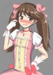  1girl bad_id blush bow brown_eyes brown_hair collarbone cosplay flat_chest flying_sweatdrops gloves grey_background hair_bow highres kaname_madoka kaname_madoka_(cosplay) kantai_collection looking_to_the_side magical_girl mahou_shoujo_madoka_magica pink_bow ryuujou_(kantai_collection) scratching_cheek simple_background sketch solo twintails white_gloves yoshiwa_tomo 