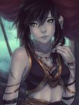  1girl au_ra black_hair blue_eyes breasts cleavage dragon_girl dragon_horns final_fantasy final_fantasy_xiv horns long_hair looking_at_viewer midriff pale_skin scales solo soranamae 