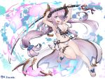  1girl arms_up bikini bikini_bottom bikini_top blue_eyes breasts butterfly_ornament cleavage commentary_request doraf double_bun earrings fire flame granblue_fantasy hair_over_one_eye hair_tie horns huge_weapon jewelry large_breasts long_hair narumeia_(granblue_fantasy) open_mouth oversized_object pink_hair pointy_ears sandals sarong seahorse seashell shell side-tie_bikini smile solo star star_earrings swimsuit thigh_strap tomoyohi twintails weapon white_bikini 