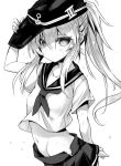  1girl ai_takurou alternate_hairstyle anchor_symbol arm_up bangs blush breasts closed_mouth collarbone cowboy_shot eyebrows eyebrows_visible_through_hair flat_cap greyscale groin hair_between_eyes hand_on_headwear hat hibiki_(kantai_collection) kantai_collection long_hair looking_at_viewer midriff monochrome navel neckerchief pleated_skirt ponytail school_uniform serafuku short_sleeves sidelocks simple_background skirt small_breasts solo standing stomach sweat white_background 