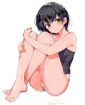  1girl a_k_o bare_legs barefoot black_hair blush dated full_body highres knees_on_chest legs_crossed looking_at_viewer no_pants original panties short_hair simple_background sitting solo strapless sweat tubetop twitter_username underwear white_background white_panties yellow_eyes 