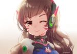  &gt;:3 1girl :3 ;) artist_name blush bodysuit brown_eyes brown_hair d.va_(overwatch) facepaint headphones long_hair looking_at_viewer one_eye_closed overwatch pink_lips runamochi simple_background smile smiley_face solo upper_body white_background 
