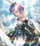  1girl avamone bird blue_eyes blue_hair detached_sleeves hair_ornament hair_over_one_eye highres light_rays light_smile maid rainbow re:zero_kara_hajimeru_isekai_seikatsu rem_(re:zero) short_hair solo white_feathers x_hair_ornament 