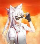 1girl adjusting_glasses animal_ears bow cat_ears clouds fingerless_gloves fujiwara_no_mokou glasses gloves hair_bow hair_ribbon highres jewelry kemonomimi_mode ldl_(bcw1025) long_hair looking_at_viewer necklace red_eyes ribbon shirt short_sleeves smile smirk solo sparkle sunglasses suspenders touching_glasses touhou twilight white_hair 