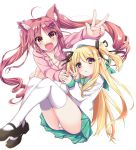  2girls :d animal_ears barefoot beret black_ribbon blonde_hair blue_eyes blush borrowed_character cat_ears eyebrows eyebrows_visible_through_hair fangs green_skirt hair_ornament hair_ribbon hairclip hat hazuki_watora interlocked_fingers kyona_(konakona) long_hair looking_at_viewer mary_janes multiple_girls open_mouth original pink_hair pleated_skirt ribbon sailor_collar school_uniform serafuku shimotsuki_potofu shoes simple_background skirt smile thigh-highs two_side_up unzipped v violet_eyes white_background white_legwear zipper 