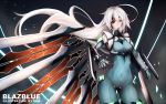  1girl ahoge artist_name blazblue breasts copyright_name covered_navel cowboy_shot crotch_plate eyepatch floating_hair inaba_sunimi long_hair looking_at_viewer mechanical_wings medium_breasts nu-13 red_eyes silver_hair solo unitard very_long_hair wings 