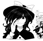  3girls art_shift bow commentary_request dual_persona facing_viewer furukawa_(yomawari) greyscale hair_over_one_eye hat hat_bow looking_at_viewer maribel_hearn mob_cap monochrome multiple_girls open_mouth pointing smile sweat touhou translation_request triangle_mouth usami_renko 
