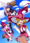  3girls asahina_mirai broom broom_riding destino hanami_kotoha hat izayoi_liko magic_school_uniform mahou_girls_precure! multiple_girls precure witch_hat 