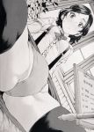  1girl ass blush breasts clipboard greyscale highres looking_at_viewer monochrome nakajima_ryou original panties plant sitting skirt solo spread_legs suspenders sweatdrop thigh-highs underwear 